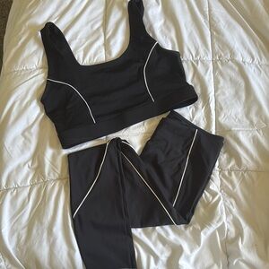 Women’s Black Activewear Leggings & Sports Bra Set with White Piping